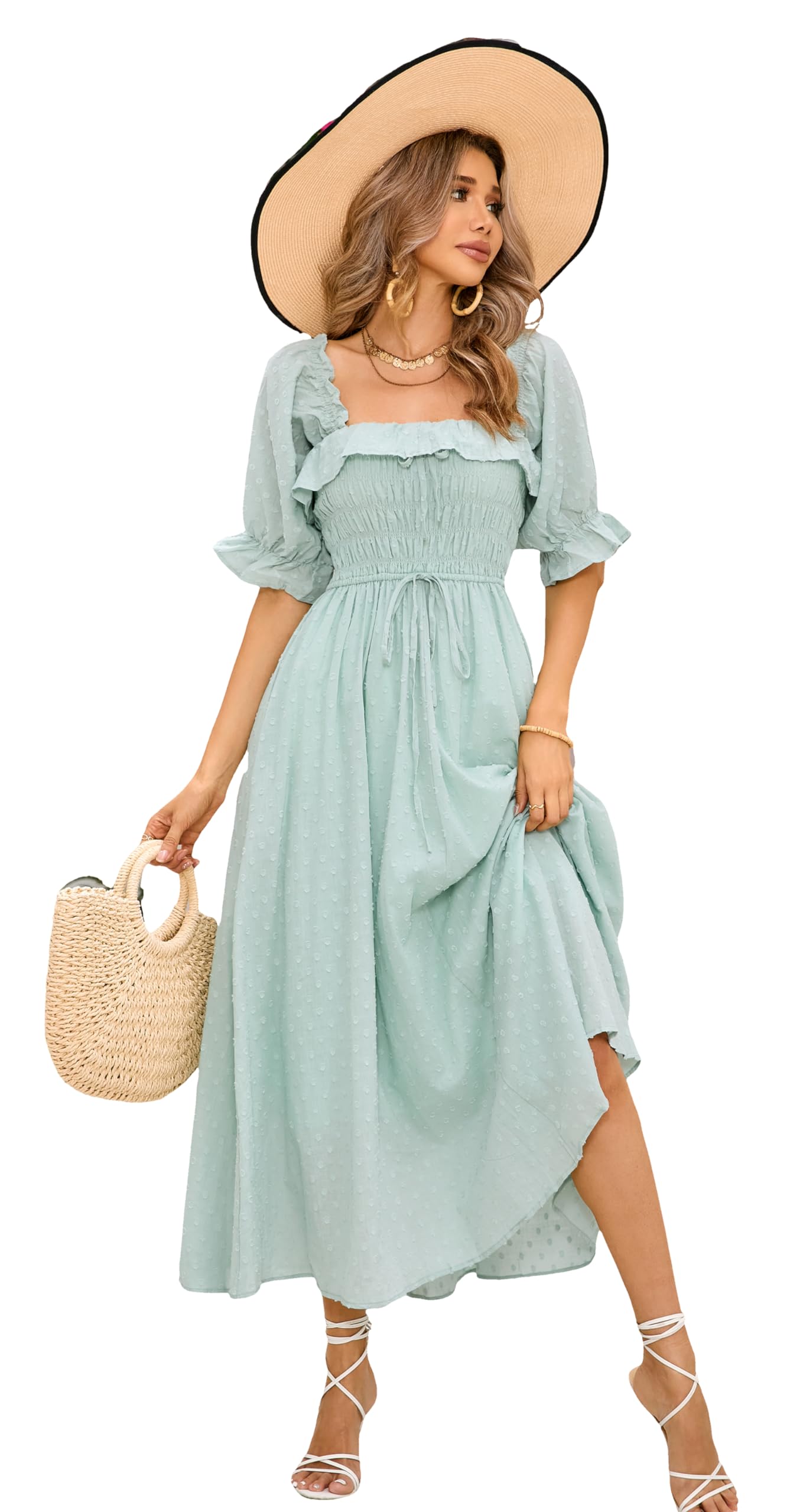 R.Vivimos Women Summer Cotton A Line Flowy Long Dresses | Half Sleeve, Ruffled, Vintage Elegant, Smocked Backless Dress, Maternity Shoot, Baby Shower, Casual Vacation Outfits