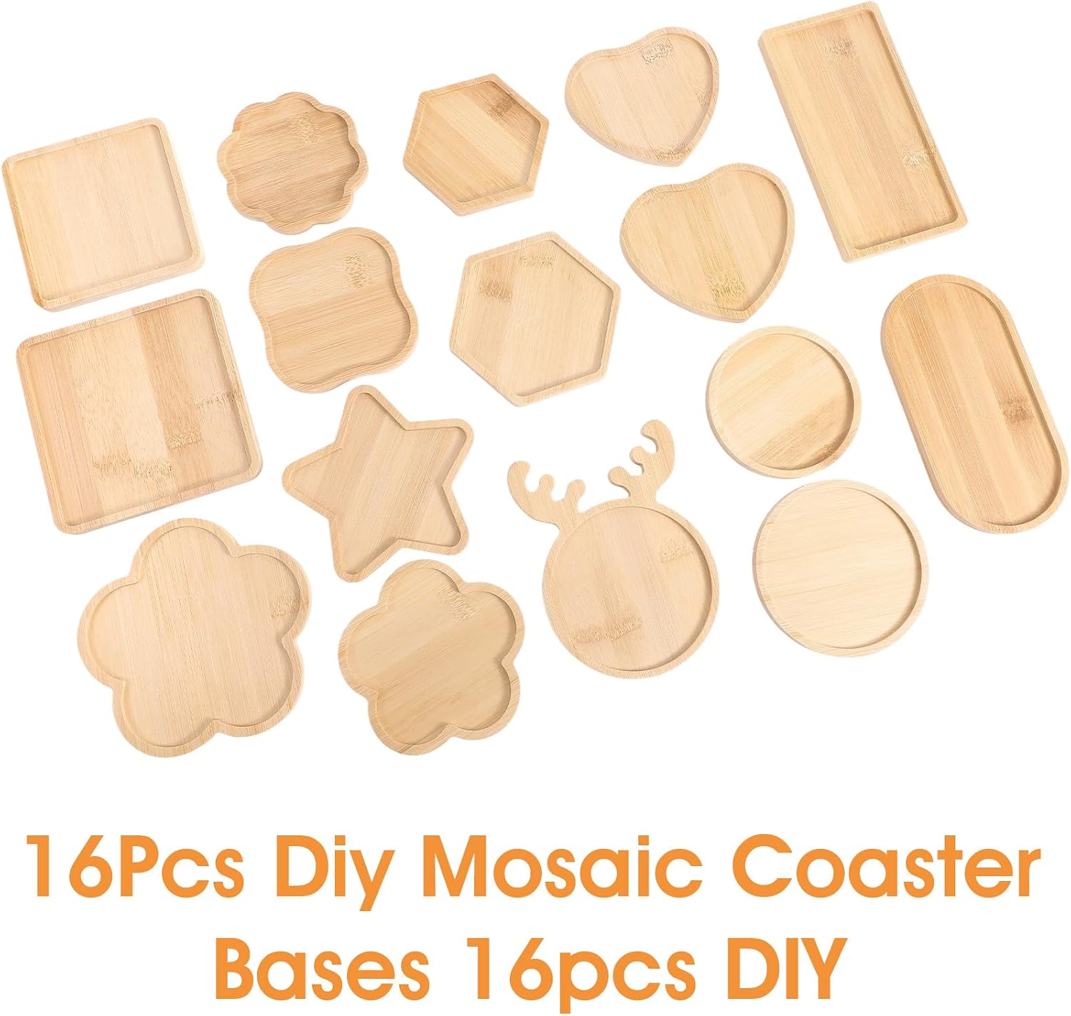 16pcs Mosaic Tiles for Crafts Wood Coasters Set, Bamboo DIY Mosaic Coaster Kit with Assorted Shapes for Adults, Natural Wooden Trays for Crafts Home Decor Projects