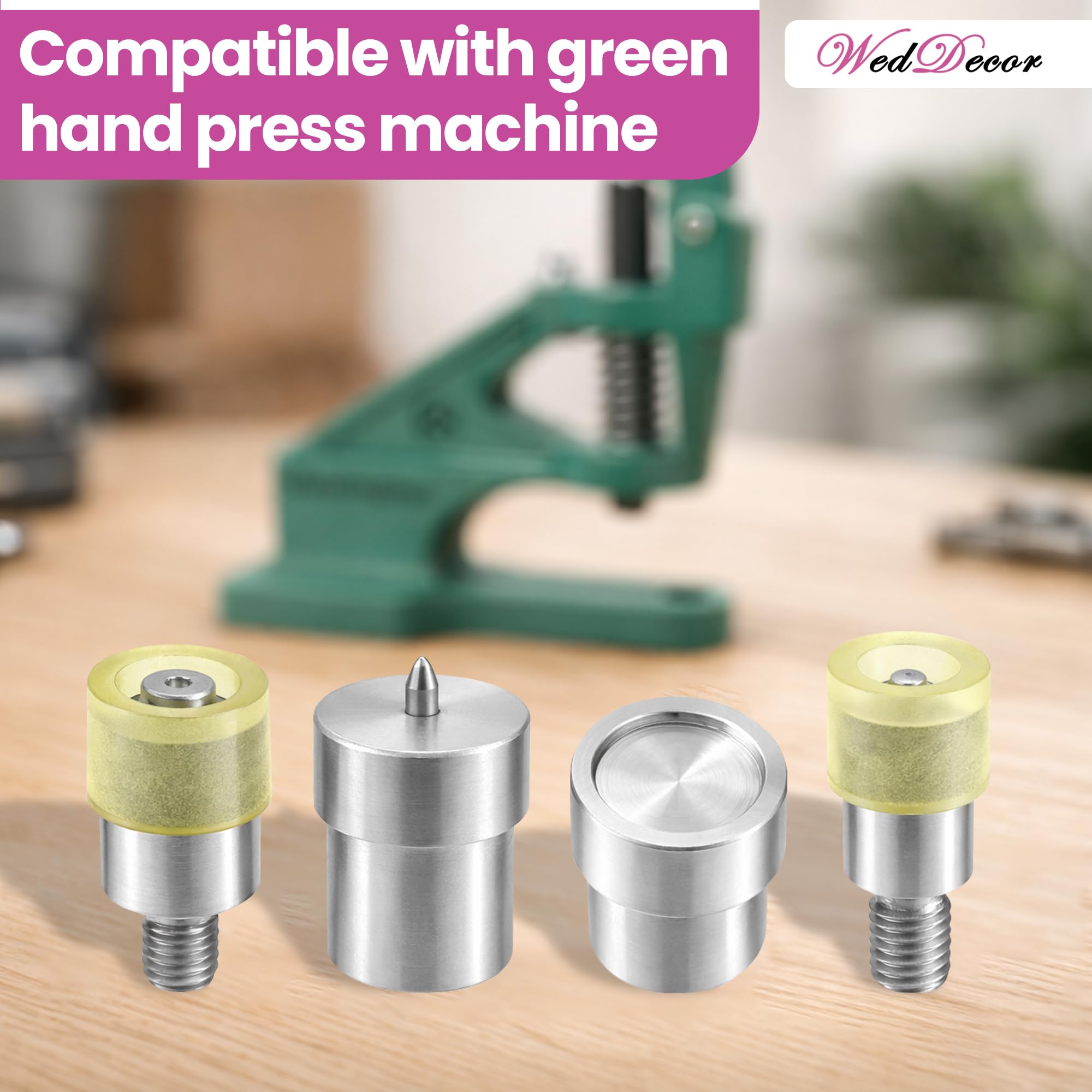 WedDecor Juego de troqueles de fijación de botones a presión de 4 partes de 15 mm con prensa manual universal The Green Machine, herramienta de instalación de cierres a presión para manualidades,