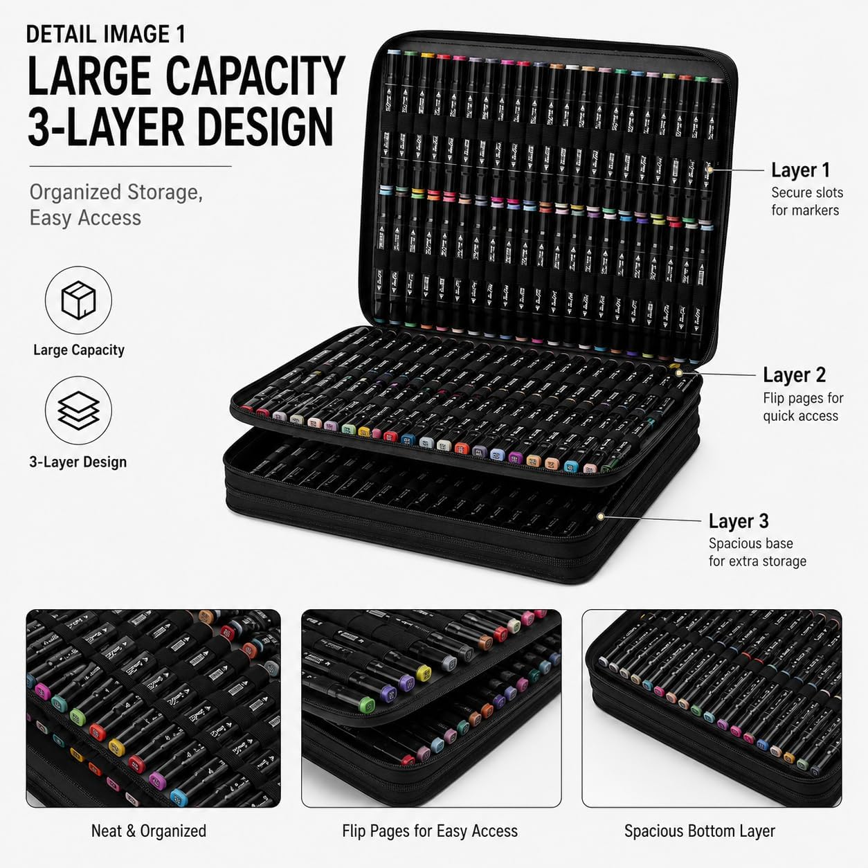 300-Slot Marker Organizer Bag, 3-Layer PU Case with Strap