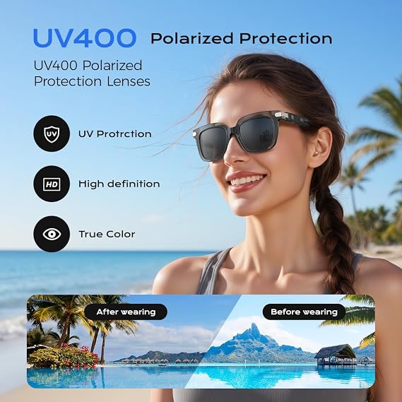 Smart Glasses,Polarized Sunglasses Built-in Mic & Bluetooth Speaker, Wireless Audio Smart Glasses for Men and Women, Athletic/Outdoor UV Protection,Touch Control, Voice Assistant (Black)
