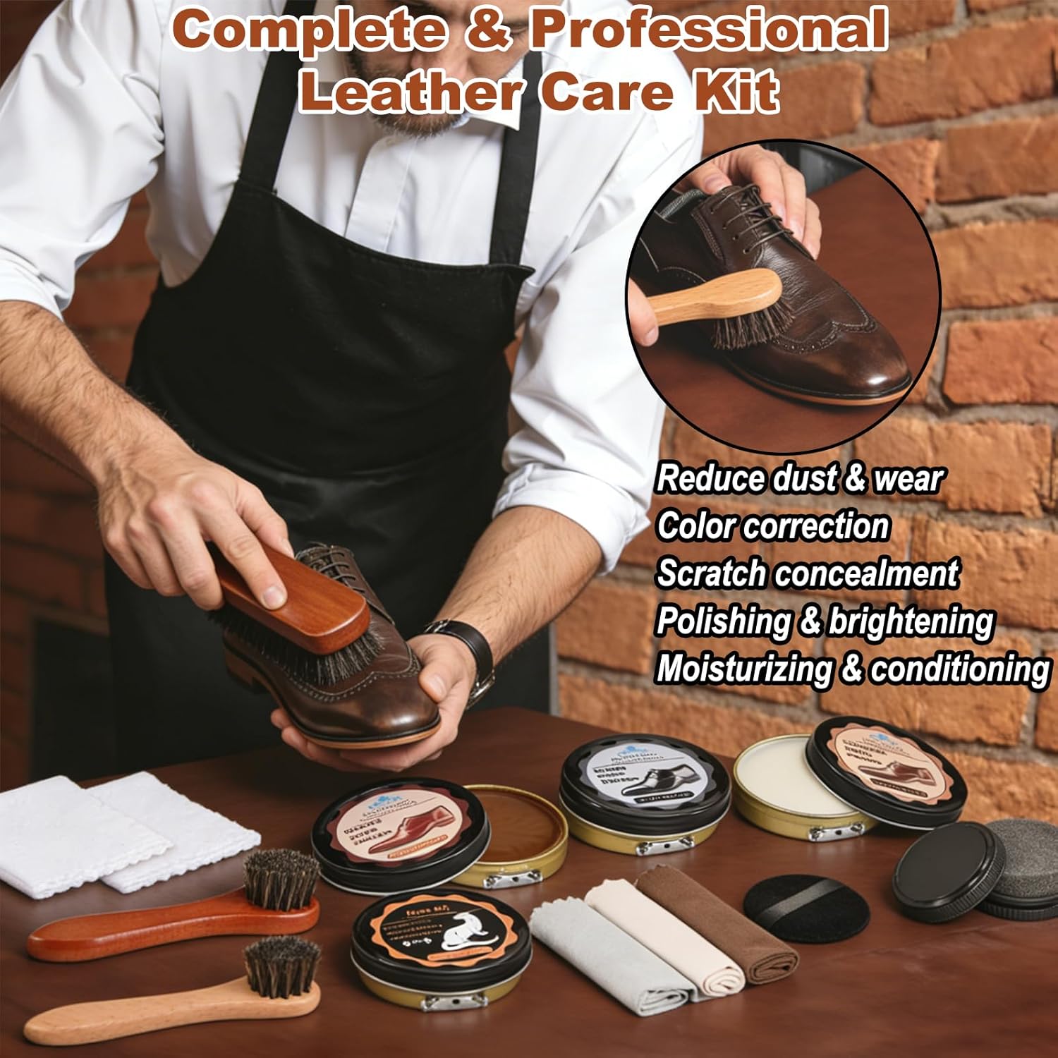 Cieex Shoe Polish Kit – 15PCS Shoe Care Kit with Black Brown Neutral Polish & Mink Oil, 3 Horsehair Brushes, Shoe Shine Kit for Leather Shoes & Boots with Travel Leather Bag – Gift for Men & Women