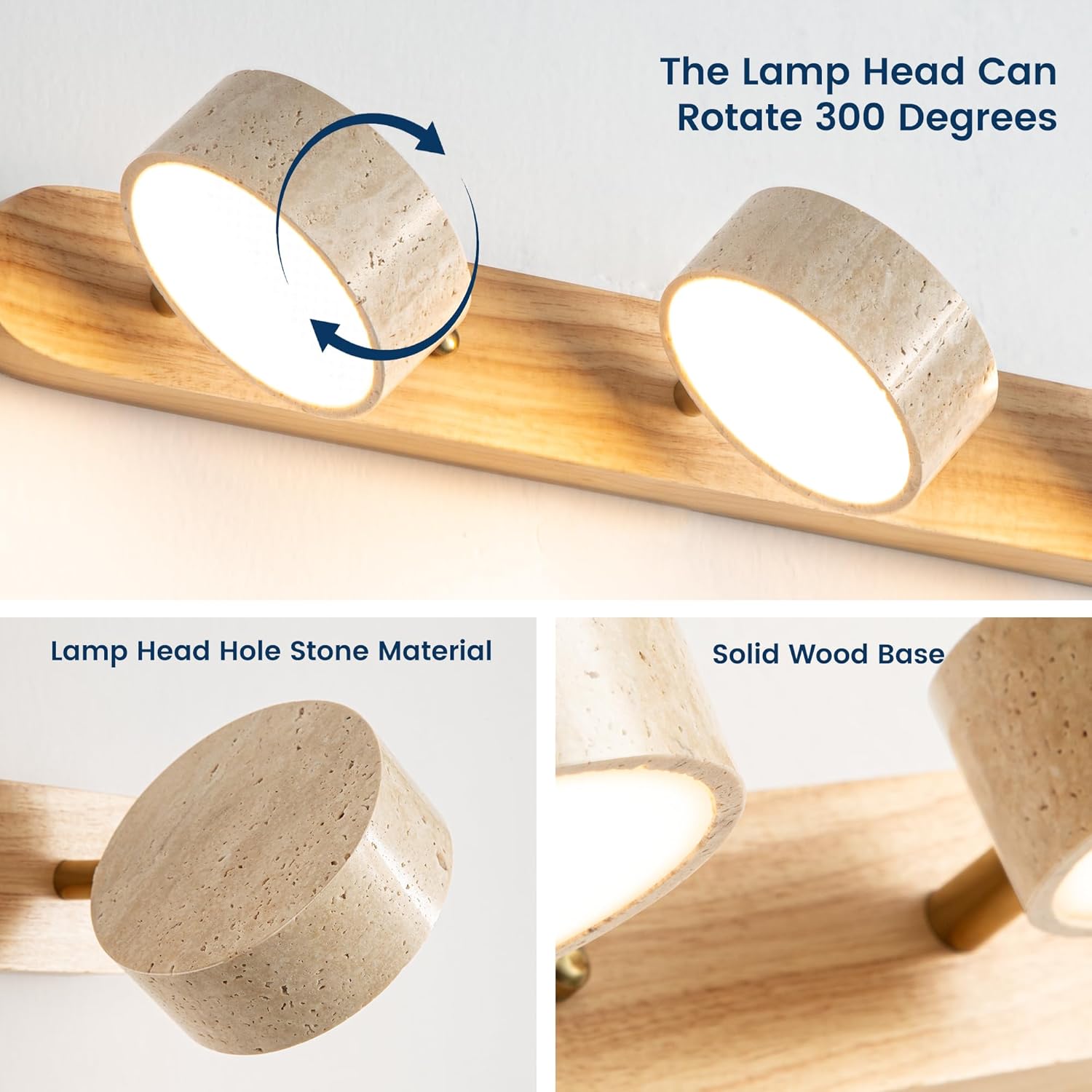 Farmhouse Wood Vanity Light, LED Mirror Light with 4 Travertine Stone Shades, 300° Rotatable Modern Rustic Vanity Lights Fixture Wall Lamp for Bathroom Bedroom Living Room Hallway