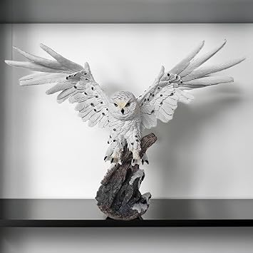 18.5" W Snow Owl Wings Up Standing on Tree Figurine Statue Home/Room Decor Ideas for House Warming, Holidays and Birthdays Great Collectible Addition