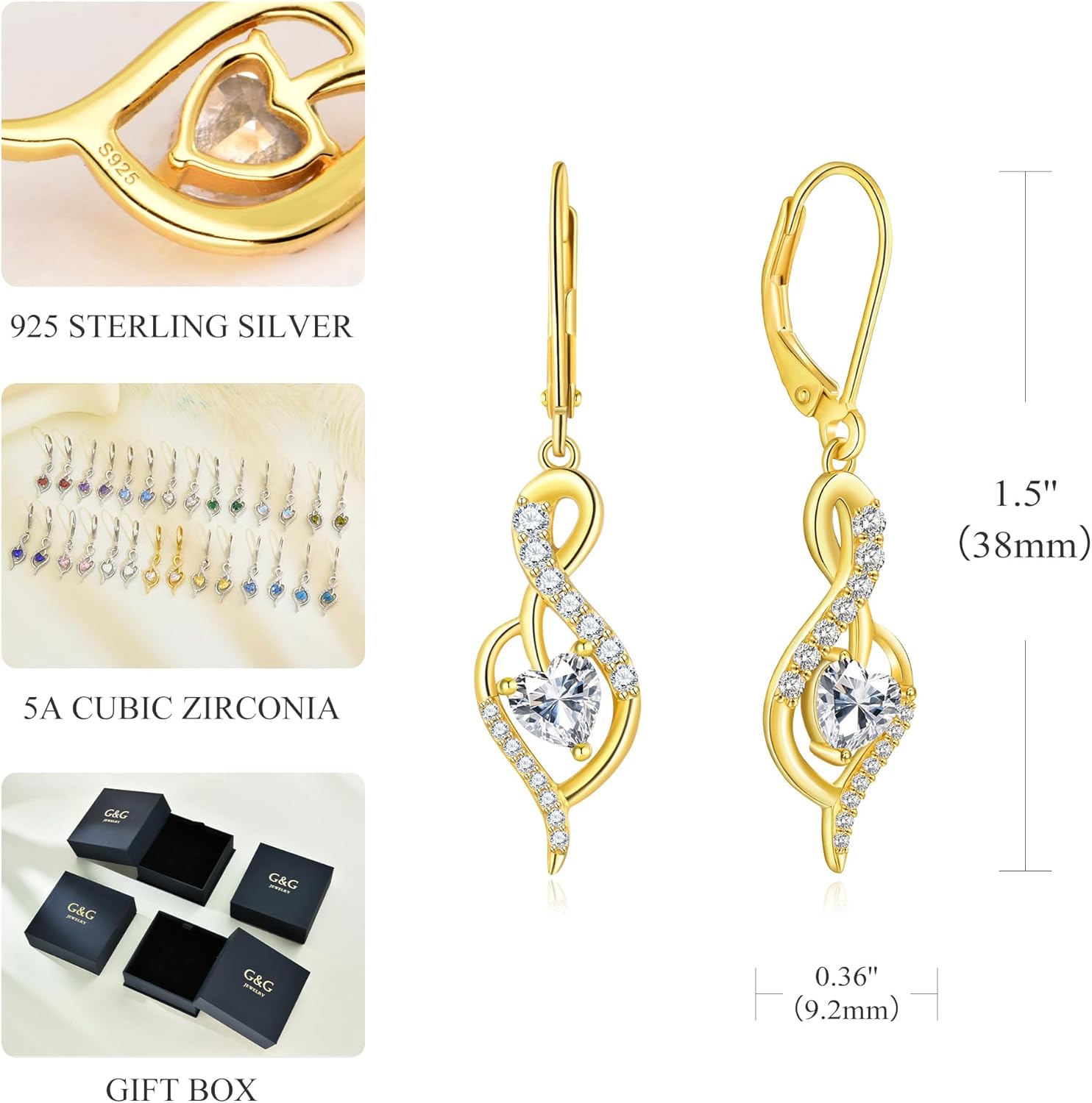 Infinity Heart Dangle Drop Earrings for Women, 925 Sterling Silver Birthstone Leverback Earrings, Birthday Anniversary Valentines Day Jewelry Gifts for Women Mom Her - Image 4