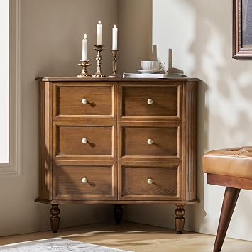 HULALA HOME Vintage Walnut Corner Cabinet, 30 Tall 2 Door Triangle Storage Cabinet with Faux Drawers for Living Room, Bathroom, Entryway