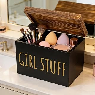 8x6x5.2in Wooden Sanitary Napkin & Tampon Storage Container – 2-Compartment Bathroom Organizer for Feminine Products, Farmhouse Style with Lid