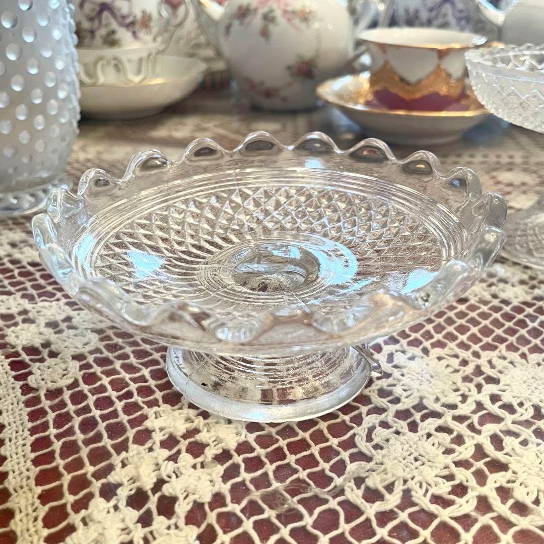 英国　イギリス　アンティーク　小さい　ケーキスタンド　ガラス　プレスガラス　4個 p-714a.jpg
