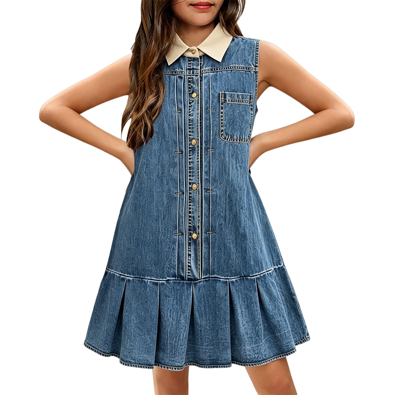 Vestido vaquero para niña, vestido de verano, sin mangas, con volantes, vestido de línea A, vestido para el tiempo libre, vestido de cumpleaños, elegante, suelto para el día a día