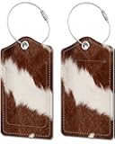 2 Pack Luggage Tags for Suitcase, Cow Hide Brown Leather Suitcase Tags Cruise Ship with Privacy Cover and Double Metal Loop for Women Men Girls Boys Travel Baggage Bag Backpack Tags, Cow Printed