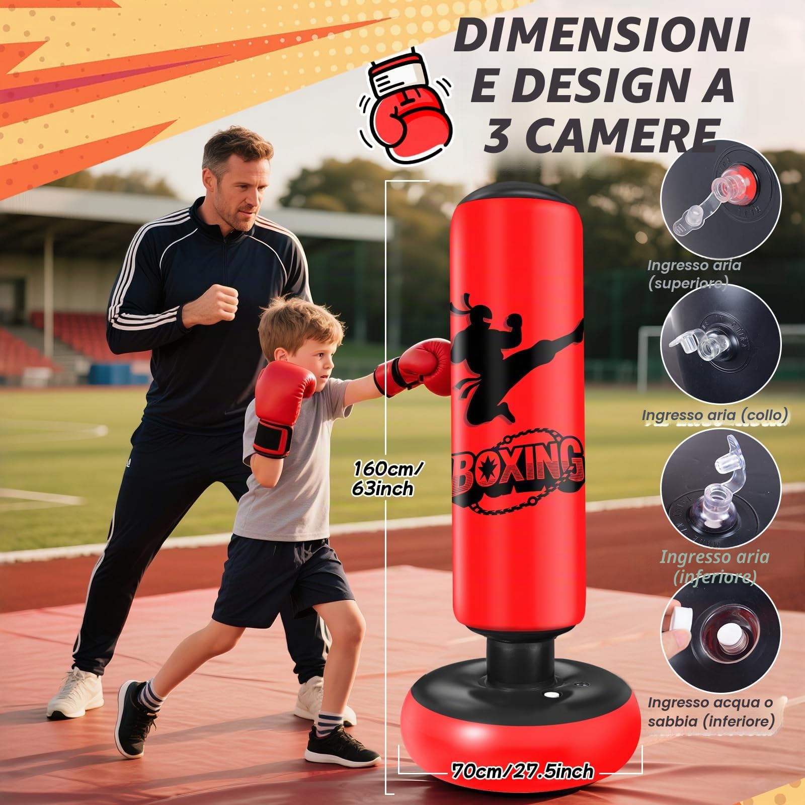 Ninonly Sacco da Boxe per Bambini 160cm Sacco da Boxe da Terra Bambini con Guantoni da Boxe Pungiball Gonfiabile e Ragazze Età 3-12 per Praticare Karate, Taekwond
