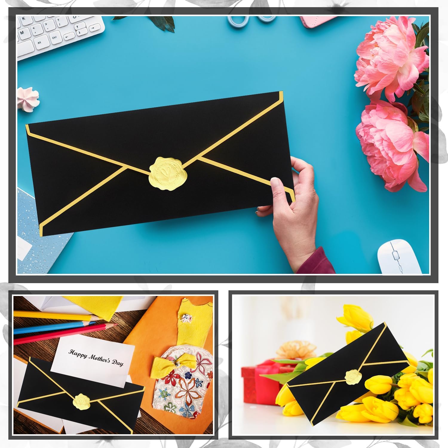 Business Envelopes with V-Flap,Gold Border 30 Pack #10 Envelopes Made of 150gsm Paper, Standard Envelopes with Gold Stickers for Office, Checks, Letter Mailing,9.45 x 4.13 Inches (Black) - Image 6