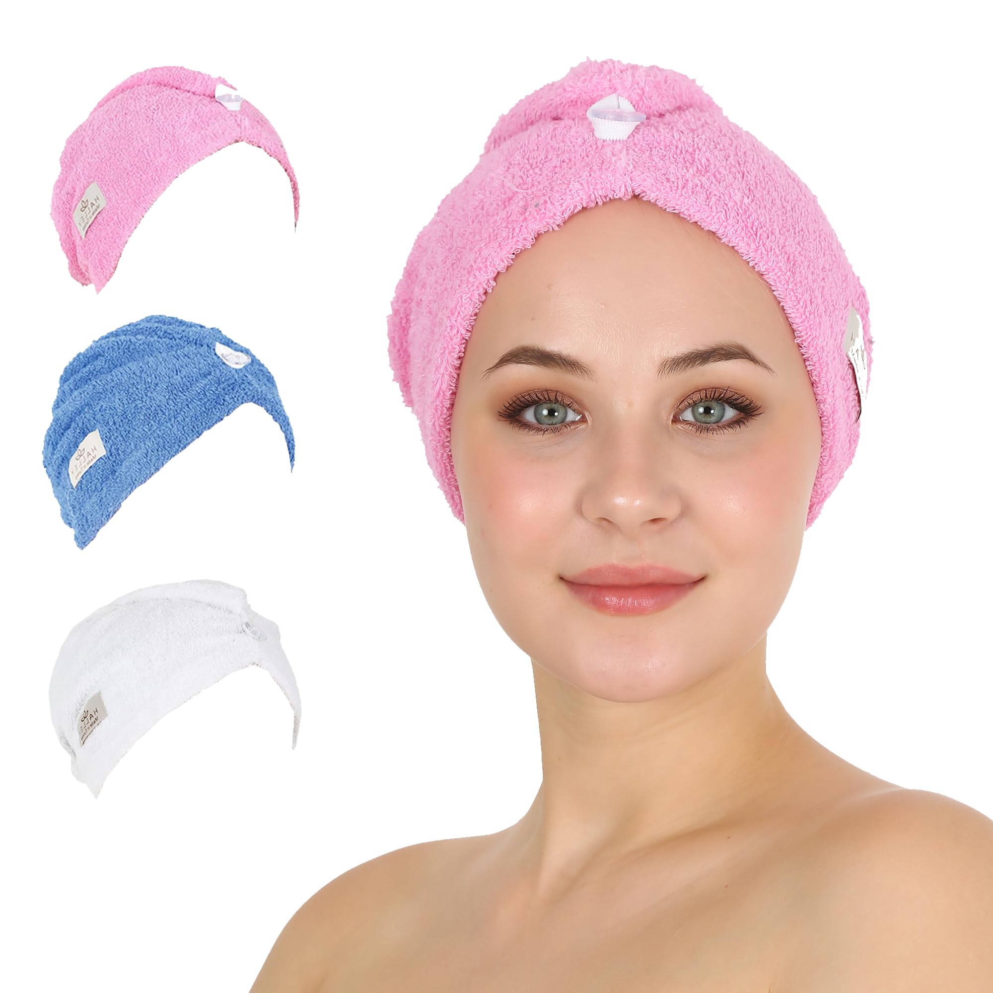 HALLEY Cotton Hair Towel Wrap (3 Packs) Super Absorbent Fast Drying Hair Towel for Thick Hair Turbans for Wet Hair with Button (Pink, Blue, White)