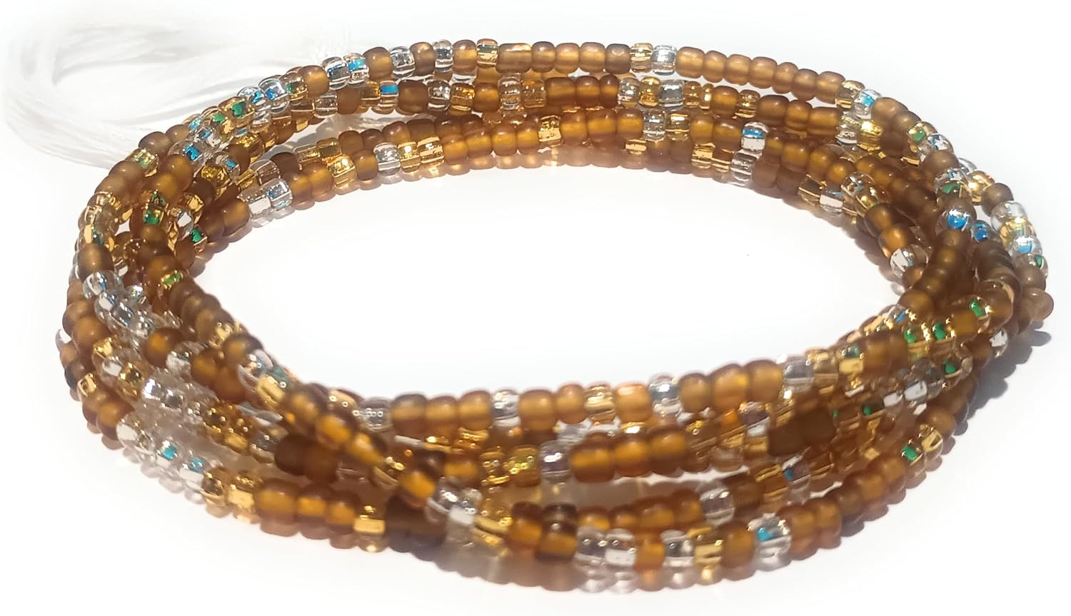 Traditional Multicolor Waist Beads, African Belly Beads, 44 Inches of Glass Beads with Long Cotton Threads (Brown Gold Clear)