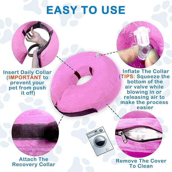 Inflatable Dog Cone Collar, Soft Dog Cone Blow-up Protective Recovery Collar, Pink (X Size)