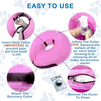 Inflatable Dog Cone Collar, Soft Dog Cone Blow-up Protective Recovery Collar, Pink (X Size)