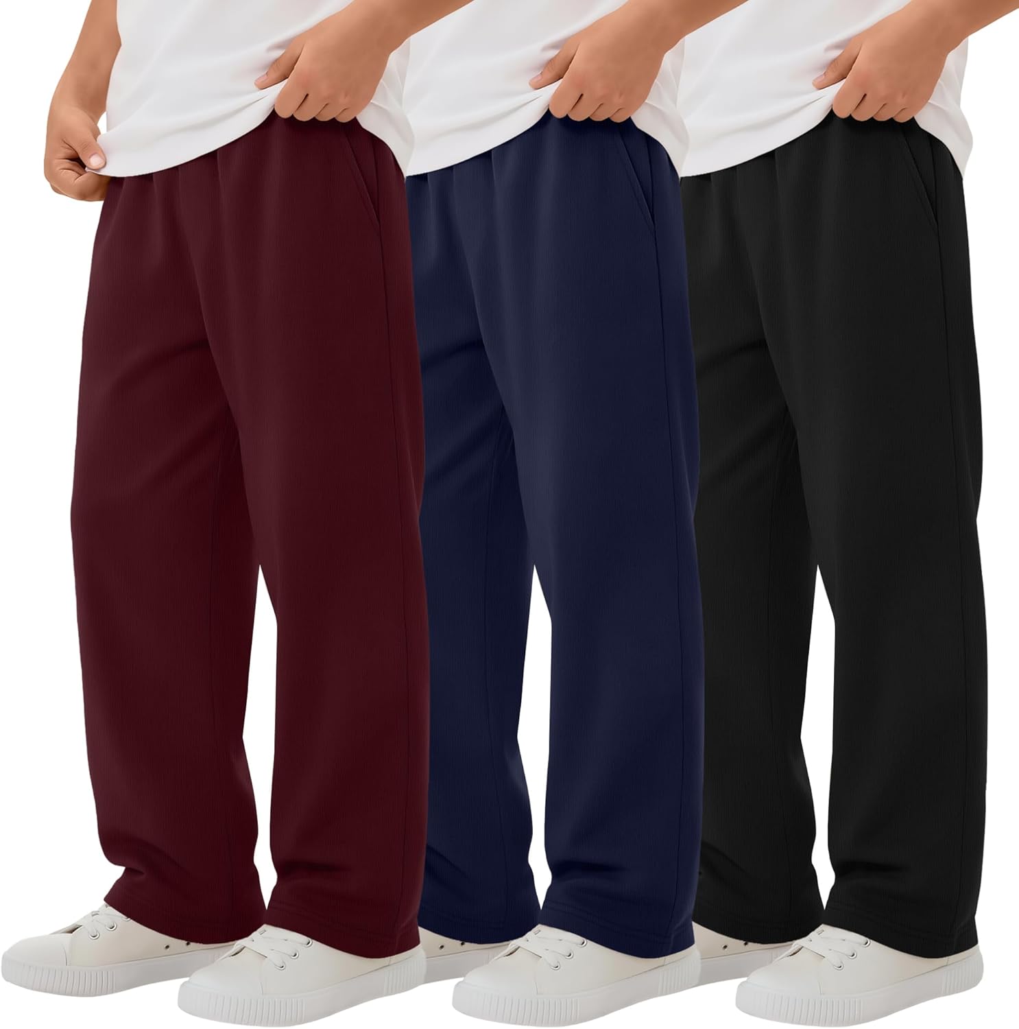 3 Pack Boys Straight Leg Sweatpants Baggy Open Bottom Athletic Joggers Lightweight Drawstring Pants with Pockets