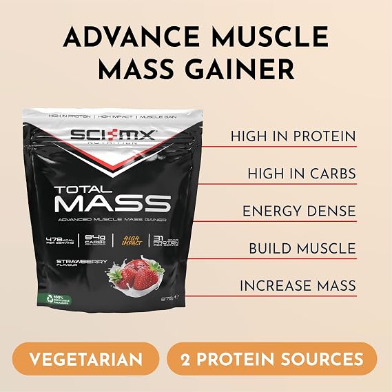 SCI-MX Total Mass • Mass Gainer Protein Powder • Strawberry Flavour • 875g | SCI-MX Total Mass • Strawberry Flavour • High Calorie Support • Mass Gainer • Muscle Gain
