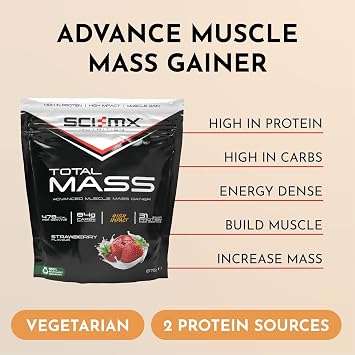 SCI-MX Total Mass • Mass Gainer Protein Powder • Strawberry Flavour • 875g | SCI-MX Total Mass • Strawberry Flavour • High Calorie Support • Mass Gainer • Muscle Gain