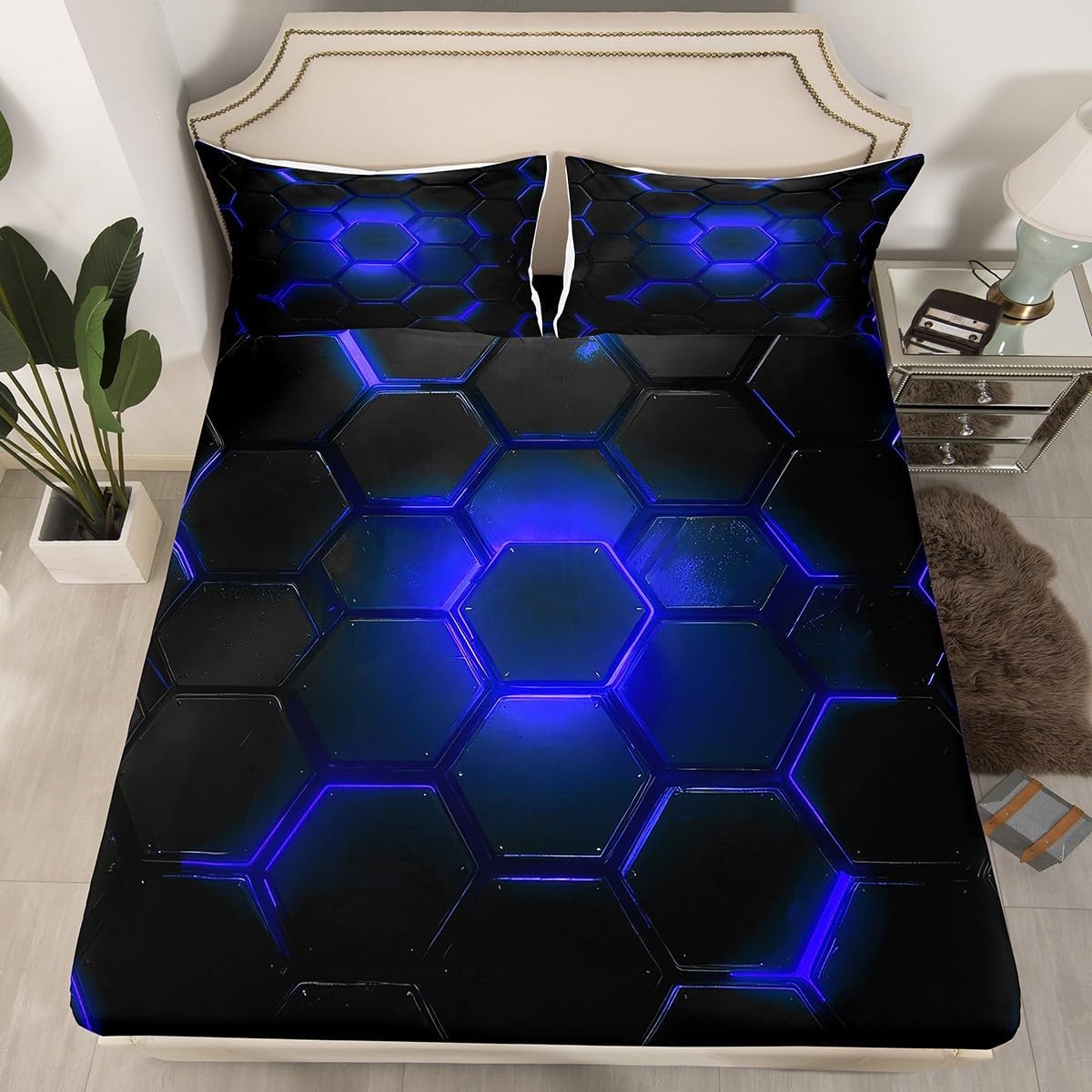 jejeloiu Blue and Black Fitted Sheet Full Size Kids Honeycomb for Boys Teens Hexagon Theme Bed Sheets Set Geometrical Bedding Set Room Decor