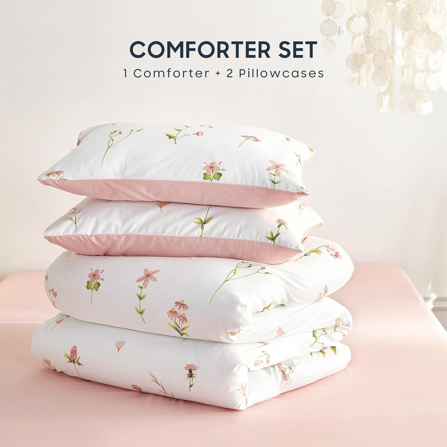 Wake In Cloud - Floral Comforter Set, Cottagecore Cute Aesthetic Watercolor Tiny Flowers and Leaves, Soft Lightweight Bedding for Women Teen Girls, 3 Pieces, Pink, Twin/Twin XL Size - Image 3