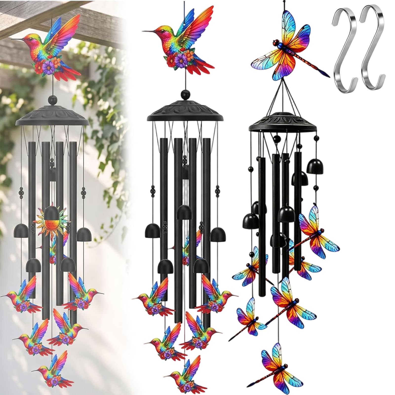 Wind Chimes for Outside, Colorful Hummingbird Wind Chimes, Deep Tone Hanging Garden Decor for Home Ornament, Outside Metal Windchimes for Patio, Porch, Yard Decor (2pc2)