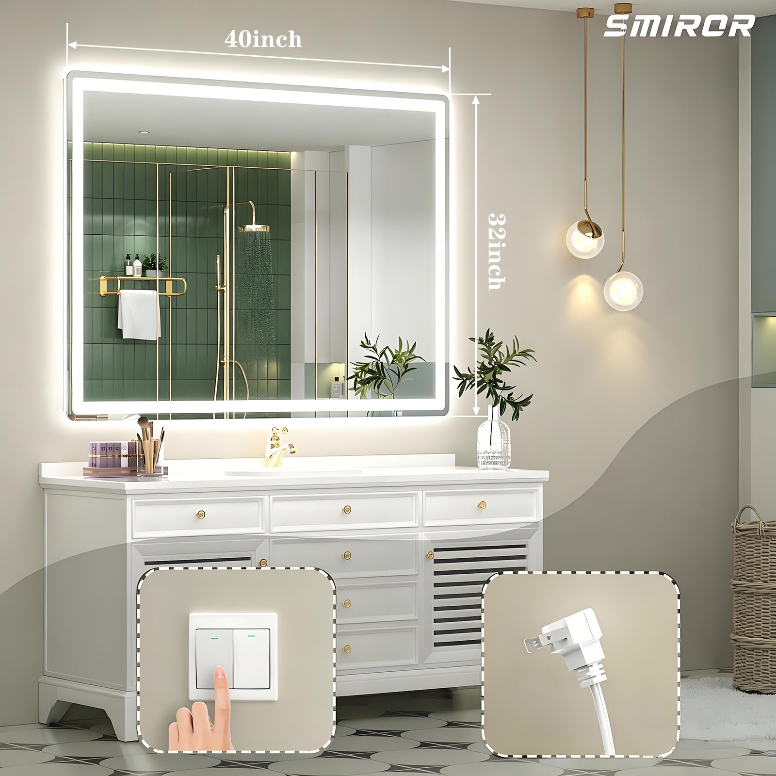 SMIROR Specchio da bagno a LED con luci, 101,6 x 81,3 cm, specchio rettangolare arrotondato illuminato da parete, anteriore illuminato e retroilluminato, 3 colori, dimmerabile, anti-appannamento