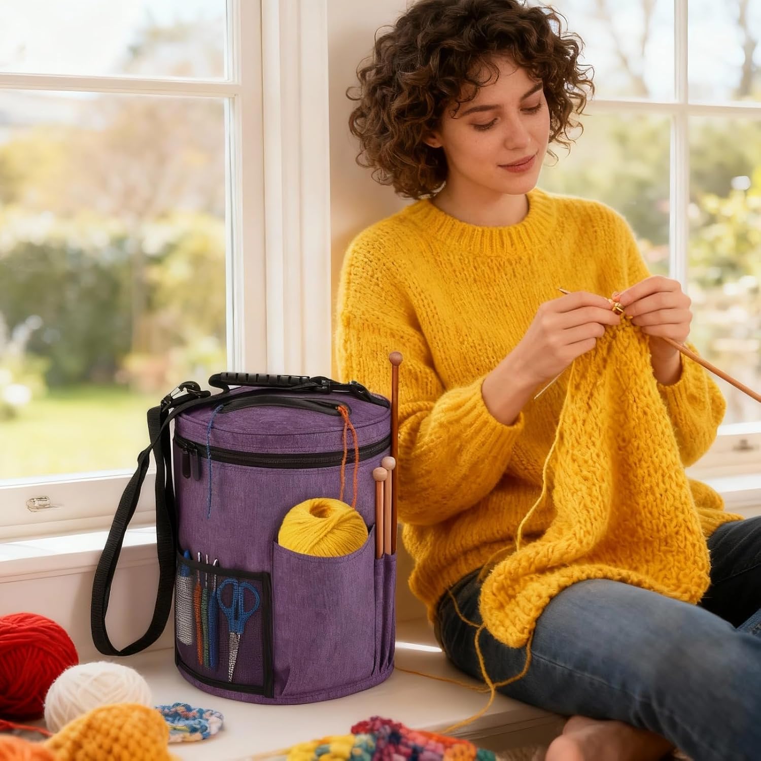 Yarn Storage Bag, Round Knitting Bag with Top Zipper & Detachable Shoulder Strap, Crochet Tote with Thread Openings & Multiple Pockets