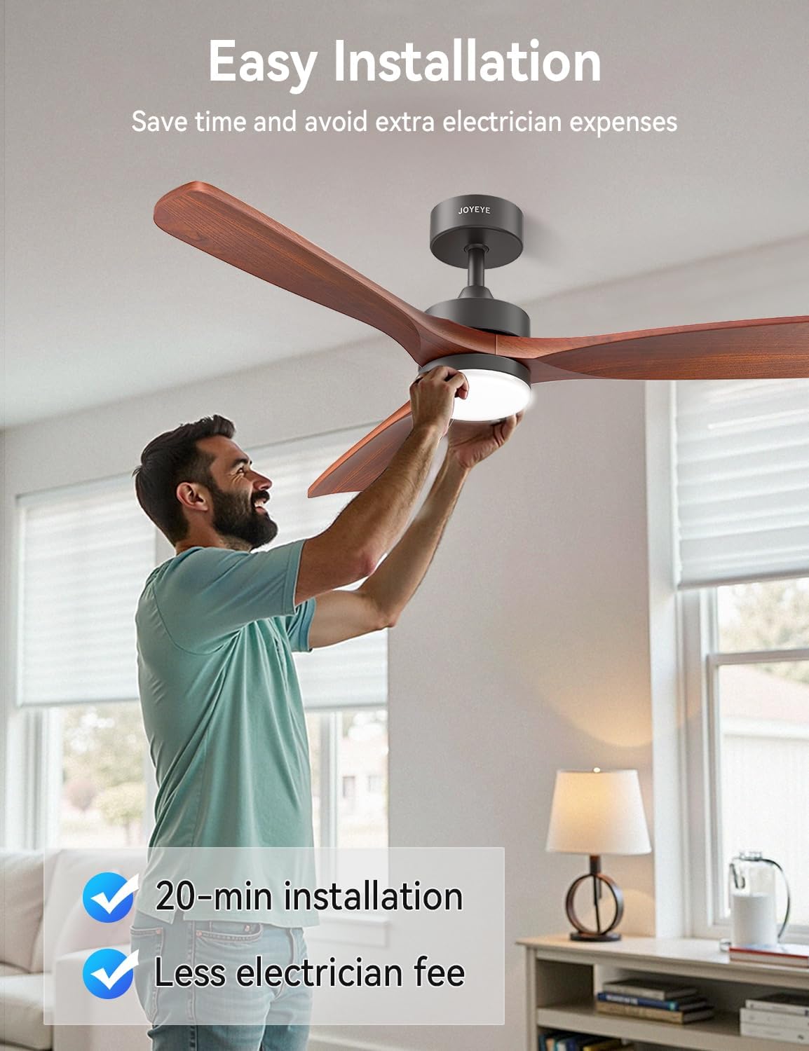 Ceiling Fans with Lights and Remote 52 Inch, 3 Wood Blades, 2 Downrods, DC Motor, Timer, Dimmable, Indoor Outdoor Low Porfile Modern LED Ceiling Fan for Bedroom, Living Room, Kitchen, Patio