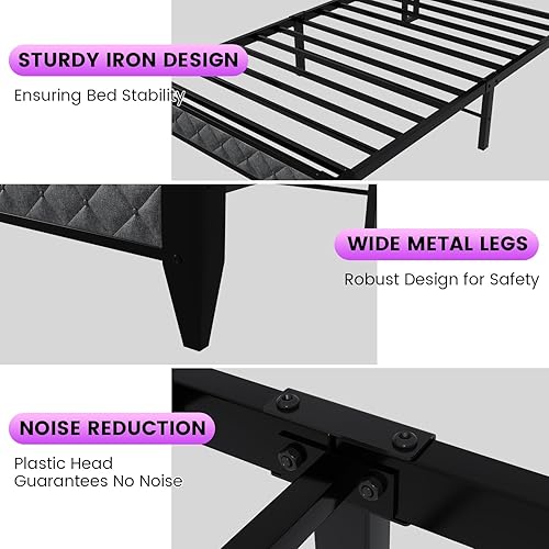 Miniatura 8 de Winkalon Base de cama LED individual con cabecero, base de cama con estación de carga, marco de cama de plataforma de metal, tamaño individual, no