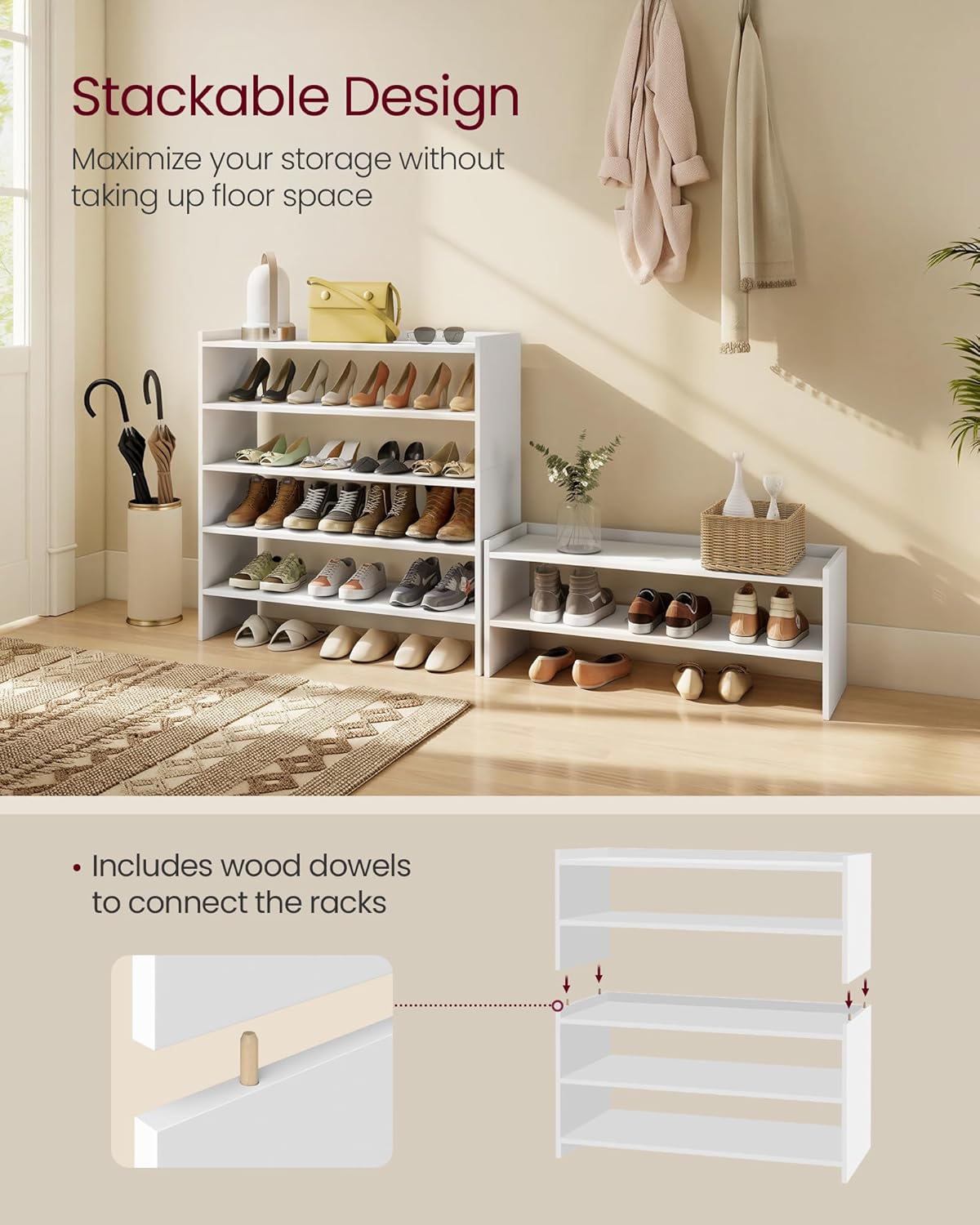 VASAGLE Shoe Rack for Closet, Stackable Shoe Organizer Shelf for Entryway, 2 Tiers, 11.7 x 32.3 x 14.2 Inches, White ULBS060WZ01S