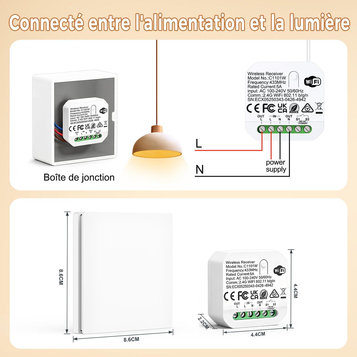 Interrupteur sans fil sans pile, intelligent wifi, interrupteur va et vient sans fil, interrupteur étanche, compatible avec Alexa et Google Assistant, commande vocale et fonction minuterie