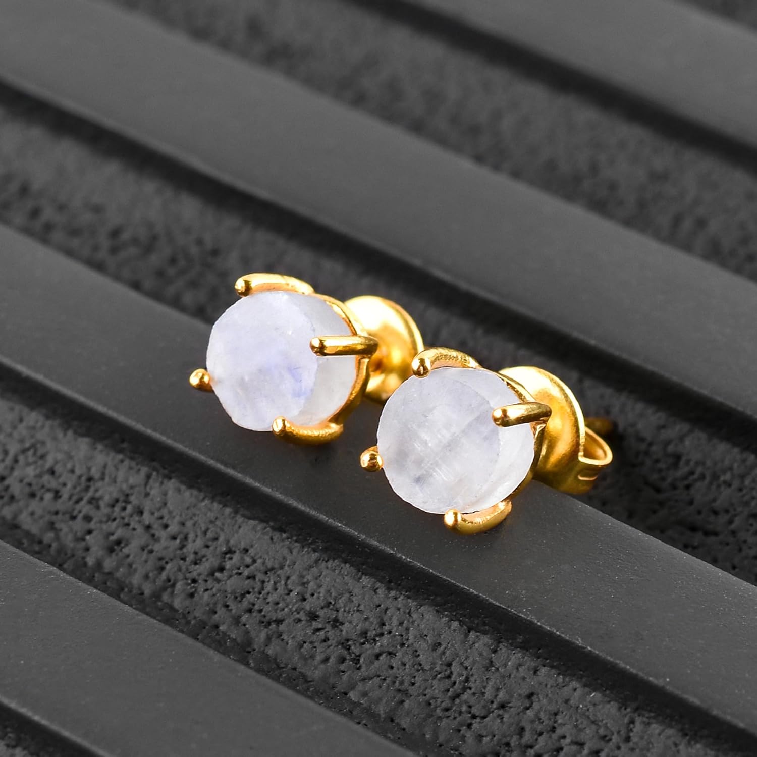 Raw Gold Stud Earrings For Women Natural Gemstone Dainty Pair, Birthstone Energy Crystals Jewelry 14K Gold Plated Flat Back Earrings Trendy Gifts For Mom