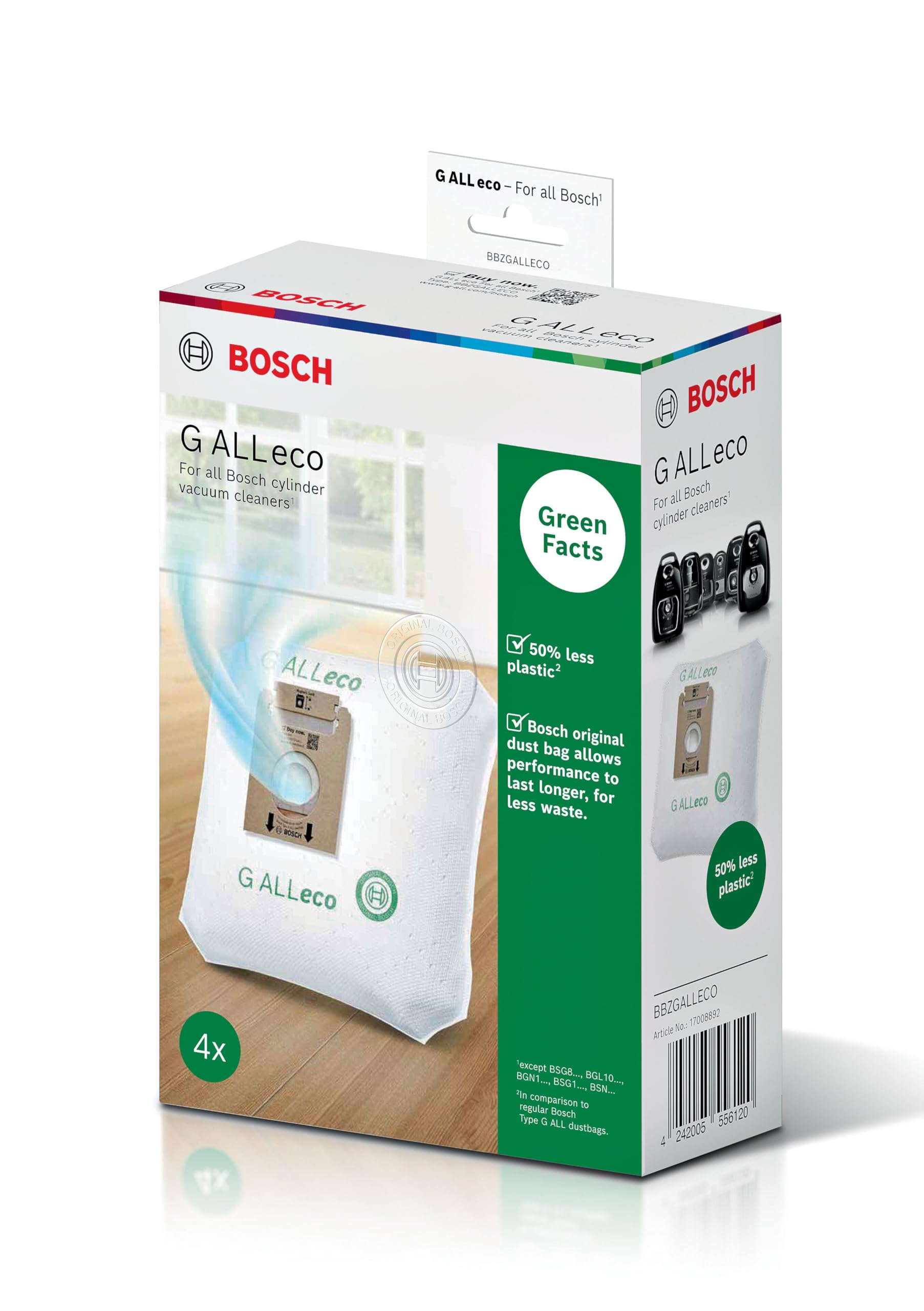 Bosch Genuine BBZGALLECO' G ALL eco Vacuum Cleaner SMS Microfibre Dust Bags - Pack of 4