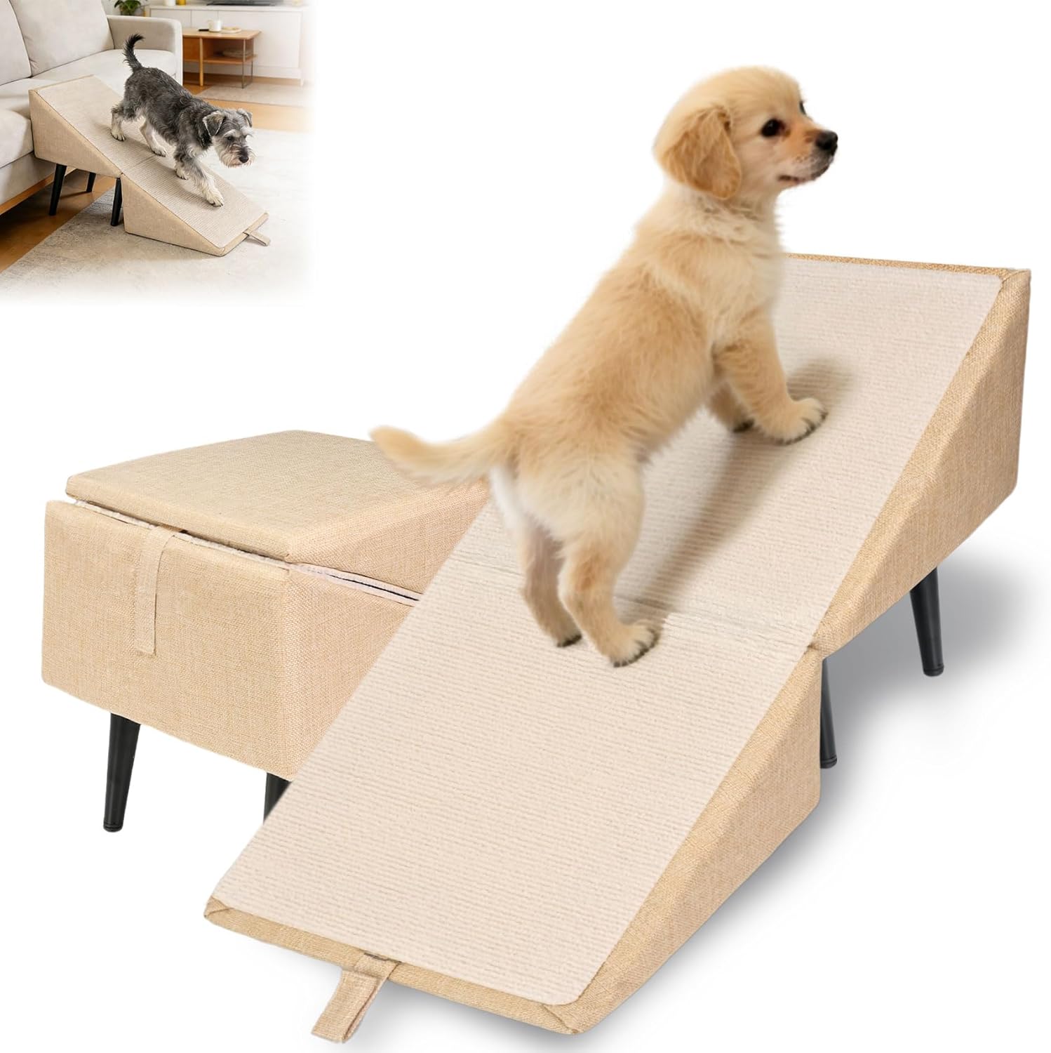 Split Ottoman Dogs Ramp, Dog Ramp for Couch and Bed, Dog Stairs for Small Dogs and Cats, 2-in-1 Foldable Wooden Pet Stairs and Ottoman, Non-Slip Fabric Surface Ramp for Couch and Bed Khaki Linen