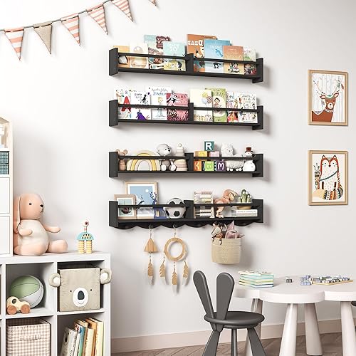 Miniatura 2 de Estantería de guardería de 34 pulgadas, juego de 4, estante flotante de pared para niños con 6 ganchos, estante colgante para decoración de