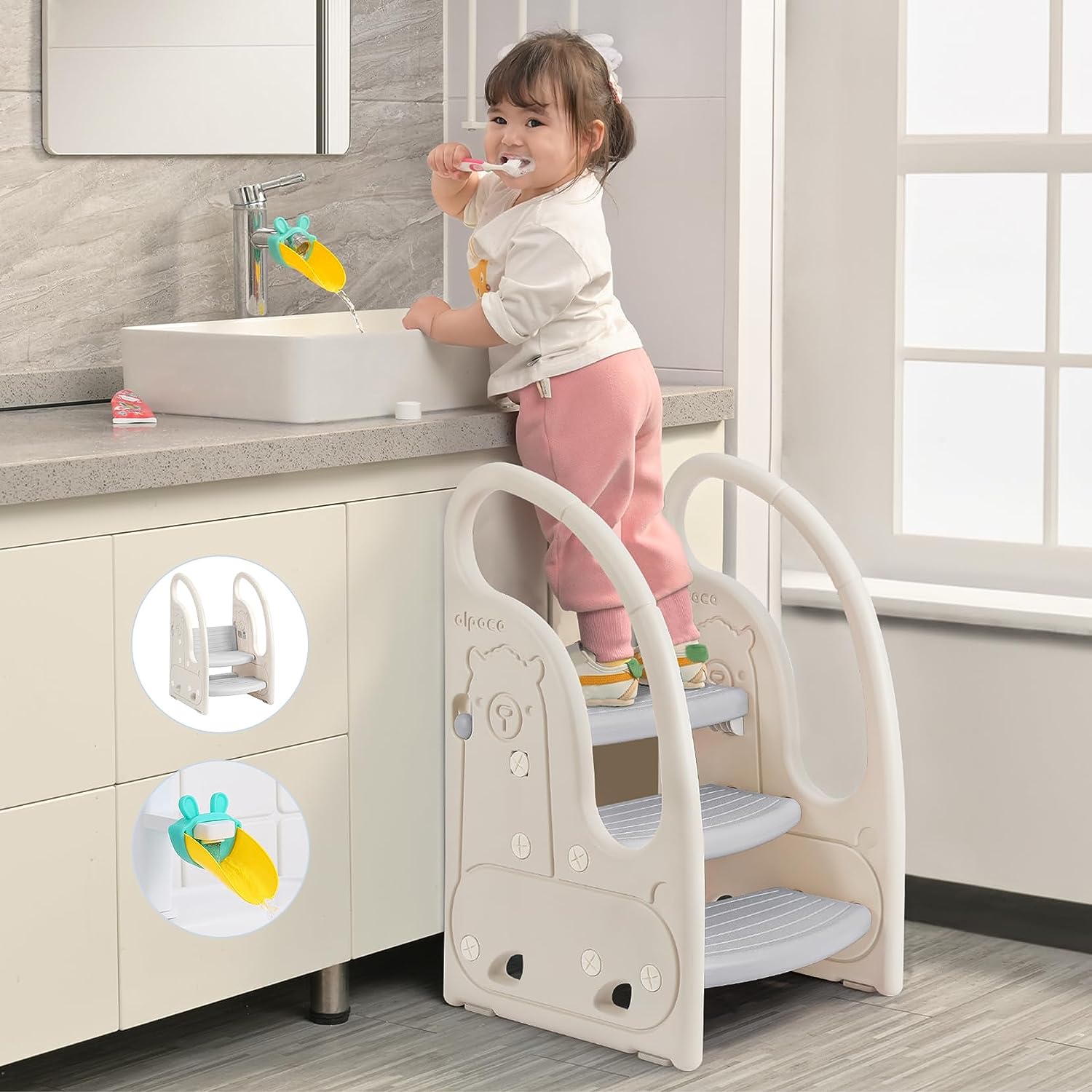 Onasti Tritthocker für Kinder, Dreistufiger Höhenverstellbar Tritt-Schemel Kinderschemel für Baby, Bequemer Handslauf, Multifunktion, Anti-Rutsch, Ab ca. 1.5 bis ca. 6 Jahre -, (Grau)