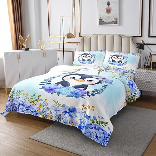 Miniatura 2 de Manfei Colcha de pingüinos de dibujos animados para niños, tamaño King, bonito juego de colcha de animales de poste ártico, decoración de habitación