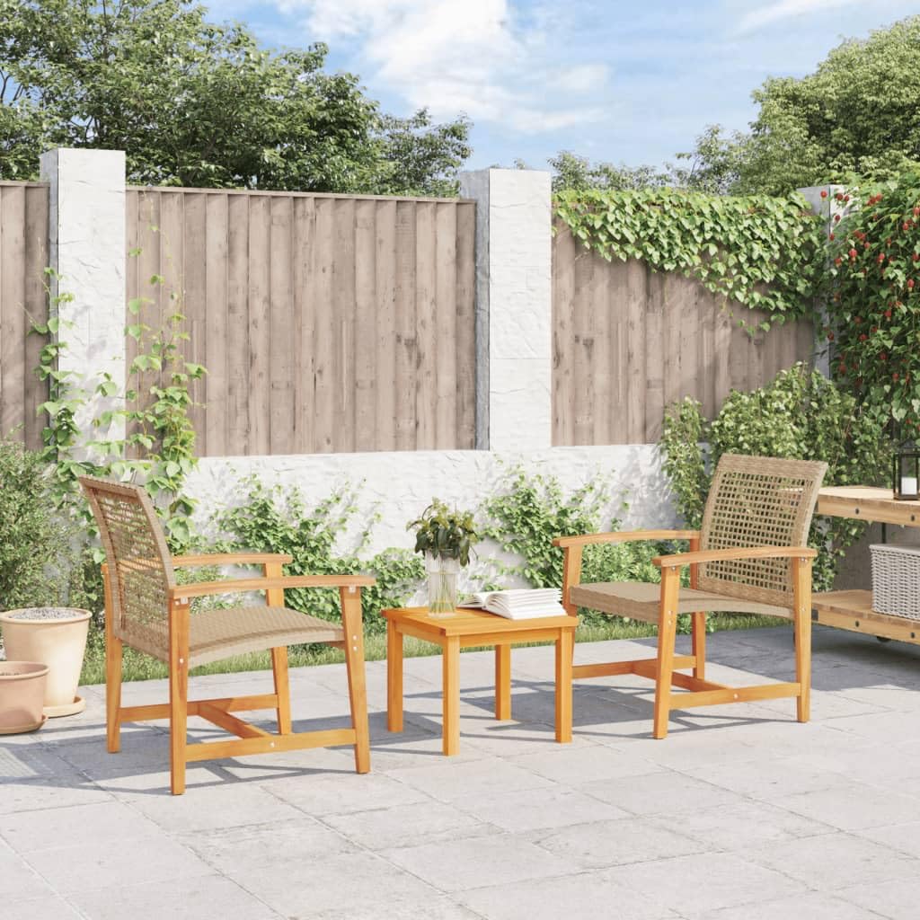 Set da bistrot per esterni in rattan con cuscini, set di mobili da giardino, tavolo e sedie da balcone per patio con tavolino da caffè, set da bistrot da 3 pezzi Polyrattan beige e legno di acacia