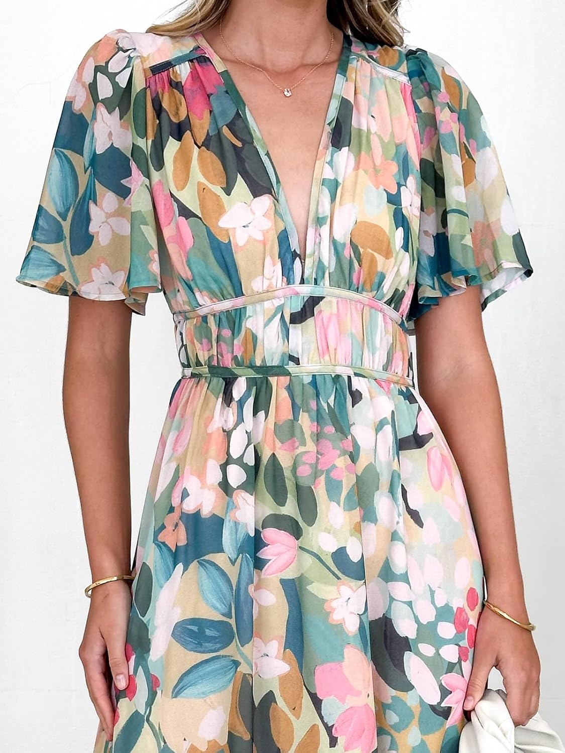 Womens V Neck Flutter Sleeve Boho Midi Dress Summer Wedding Guest Beach Party Long Dresses - Image 4