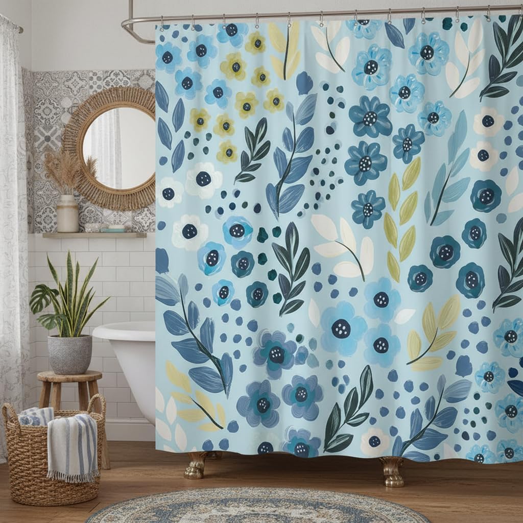 DYNH Cute Blue Floral Shower Curtain for Bathroom Decor, Boho Abstract Flower Leaves Wildflower Art Printed Vintage Cottagecore Elegant Waterproof Fabric Polyester Shower Curtains with Hooks,72X75IN