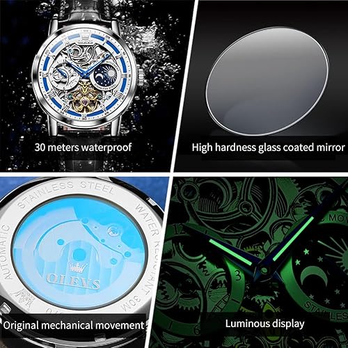 Miniatura 6 de OLEVS Relojes automáticos para hombre, de cuerda automática, cielo estrellado, esqueleto de diamante, reloj de pulsera de lujo, impermeable, luminoso