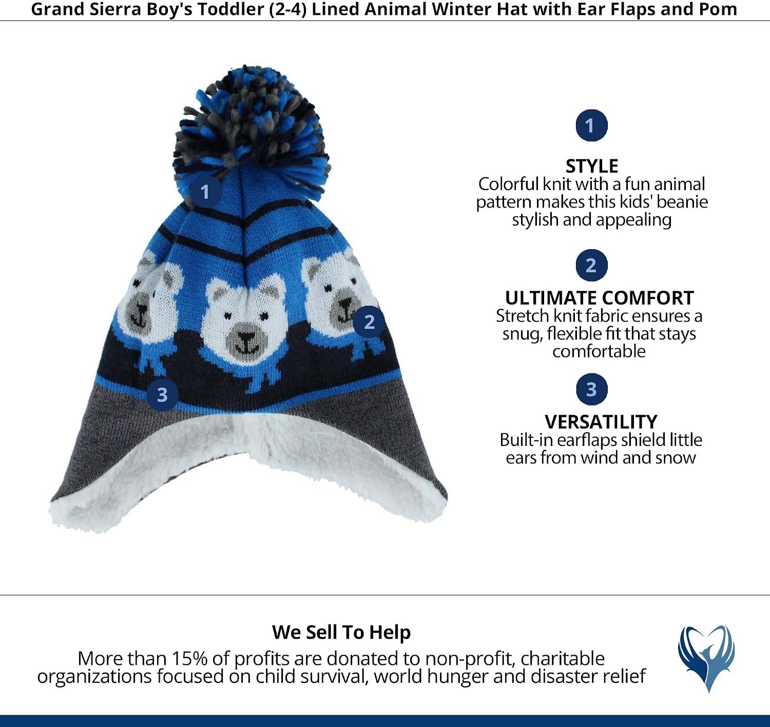 Boy's Toddler (2-4) Lined Animal Winter Hat with Ear Flaps and Pom