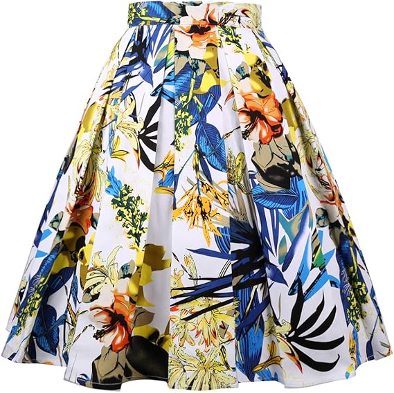 Girstunm Women's Pleated Vintage Skirt Floral Print A-line Midi Skirts with Pockets