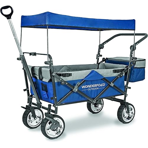 WONDERFOLD S4 Push & Pull Utility Folding Wagon with Brakes and Removable Canopy Featuring Adjustable Push Handle, Telescopic Pull Handle, and 150 lb Capacity, Navy