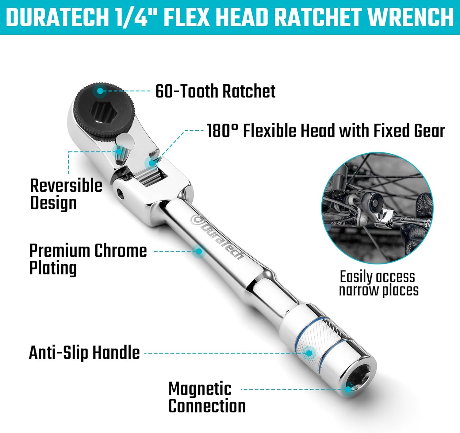 DURATECH 1/4" Flex Head T-Handle Ratchet, Mini Ratchet Wrench with Hex Bit Extension Set, Compatible with Standard 1/4" Hex Bits or Sockets, Portable and Versatile Repair Tool for Tight Spaces