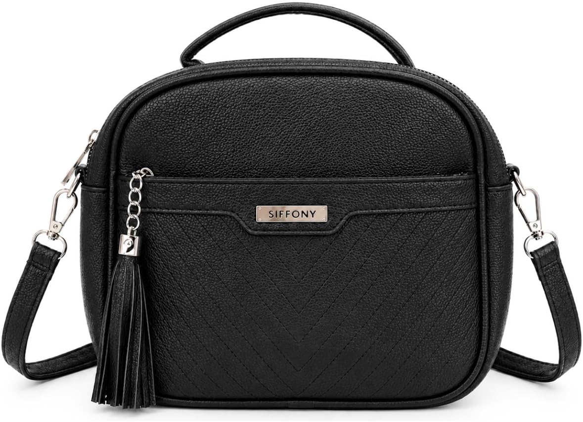 Bolsa Feminina Pequena Tiracolo Estilo Baú em Couro Sintético com Alça de Mão e Transversal removível e ajustável, Compacta e Versátil para o Dia a Dia, Trabalho, Passeio (Preto)