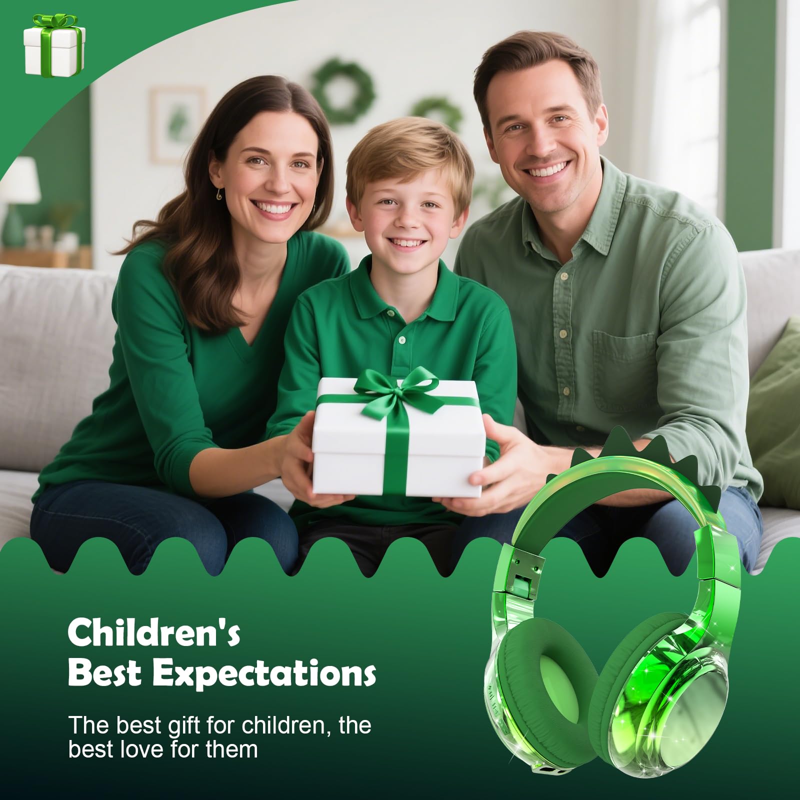JYPS Bluetooth Kopfhörer Kinder, Metallisch Kabellose Kopfhörer Kinder Over Ear mit 74/85dBA Lautstärkebegrenzung, 40 Stunden Spielzeit, ab 3 5 6 7 für iPad/Schule/Tablet (Dinosaurier, Grün)
