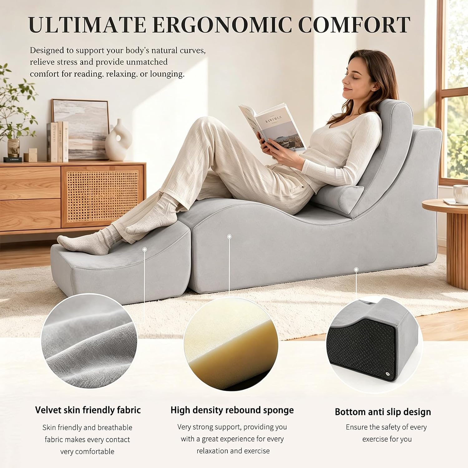 Convertible Yoga Chair for Adults, Ergonomic Foam Lounge with Lumbar Pillow, Washable Cover, Side Pocket, No Assembly Needed – Great for Exercise, Stretching & Relaxation Grey