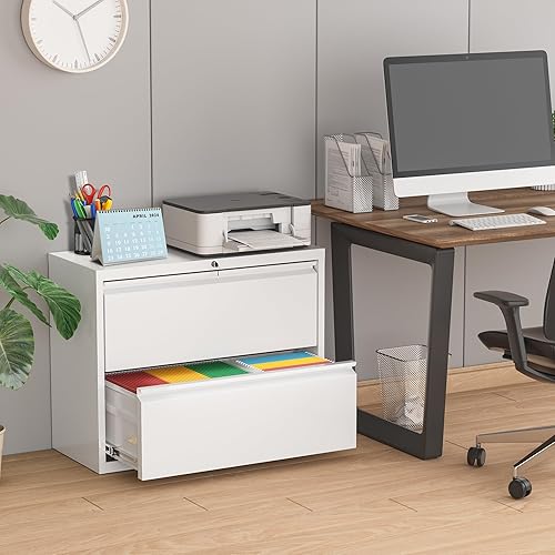 Miniatura 2 de Pataku Archivador lateral, archivador de 2 cajones con cerradura, archivadores blancos para oficina en casa, archivador de metal para colgar